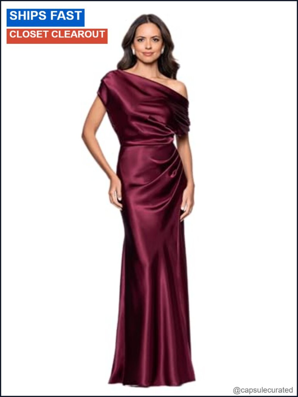 Floor Length Satin Drop Shoulder Ruched Sheath Evening Gown Formal Dress